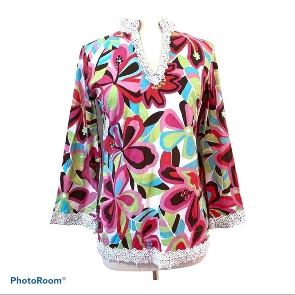 Liza Byrd Beach Cover-up FUNKY GROOVY Floral Tunic Lace Cotton - Picture 4 of 11